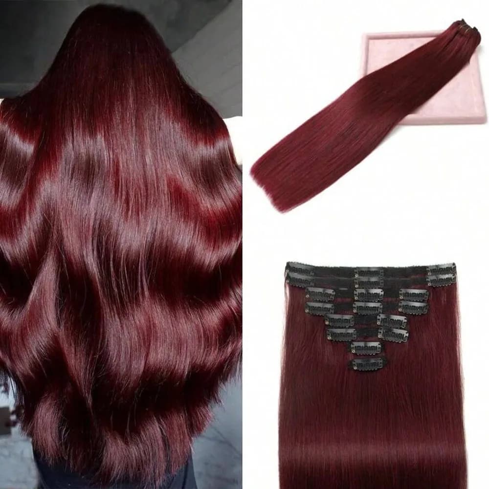 Extensioni per capelli umani lisci con clip 99J Burgundy, capelli umani Remy brasiliani con clip, 100g, 8 pezzi/set, per tutta la testa, per donna