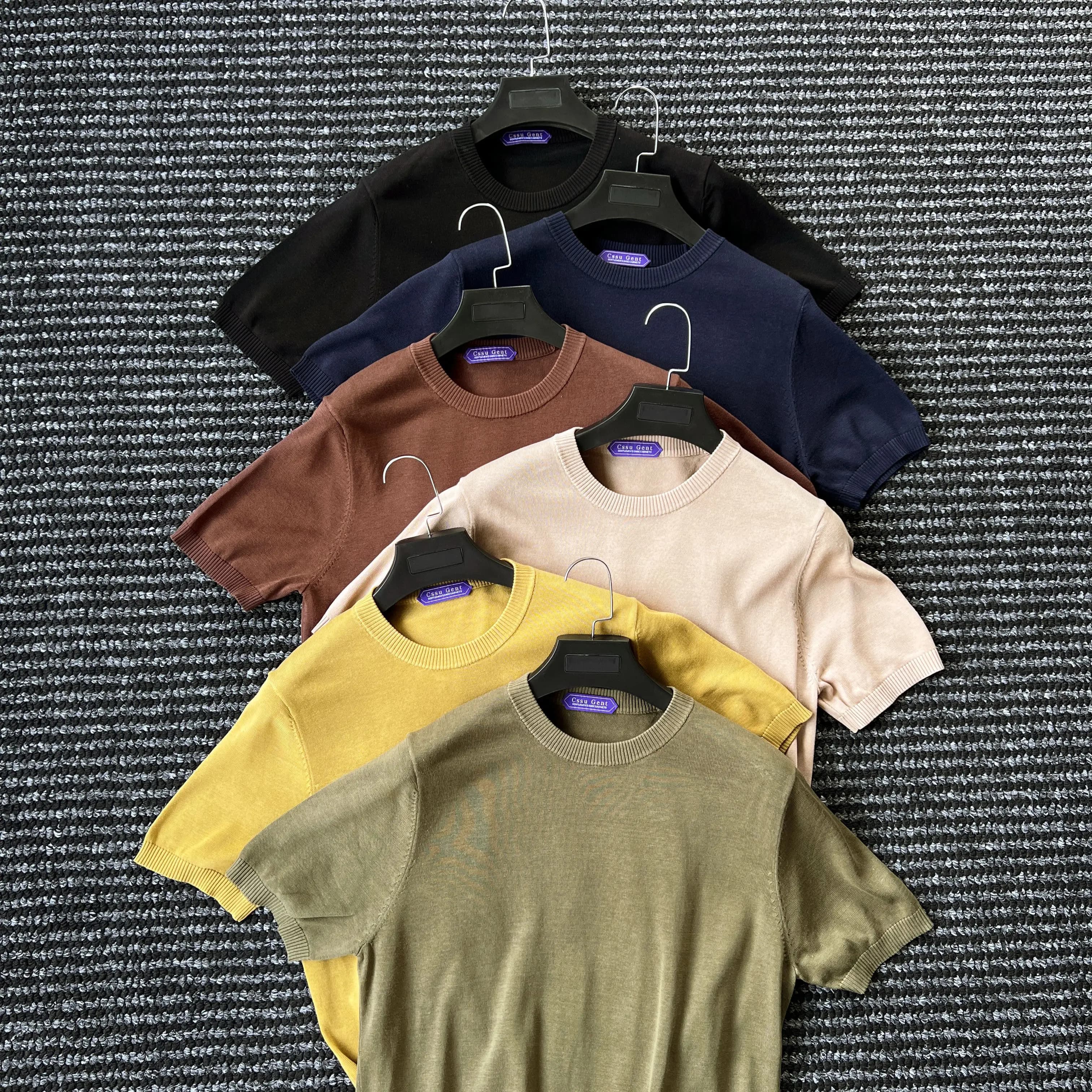 Maglione in seta di gelso a 16 aghi con collo rotondo e maniche corte, T-shirt classica versatile da uomo.