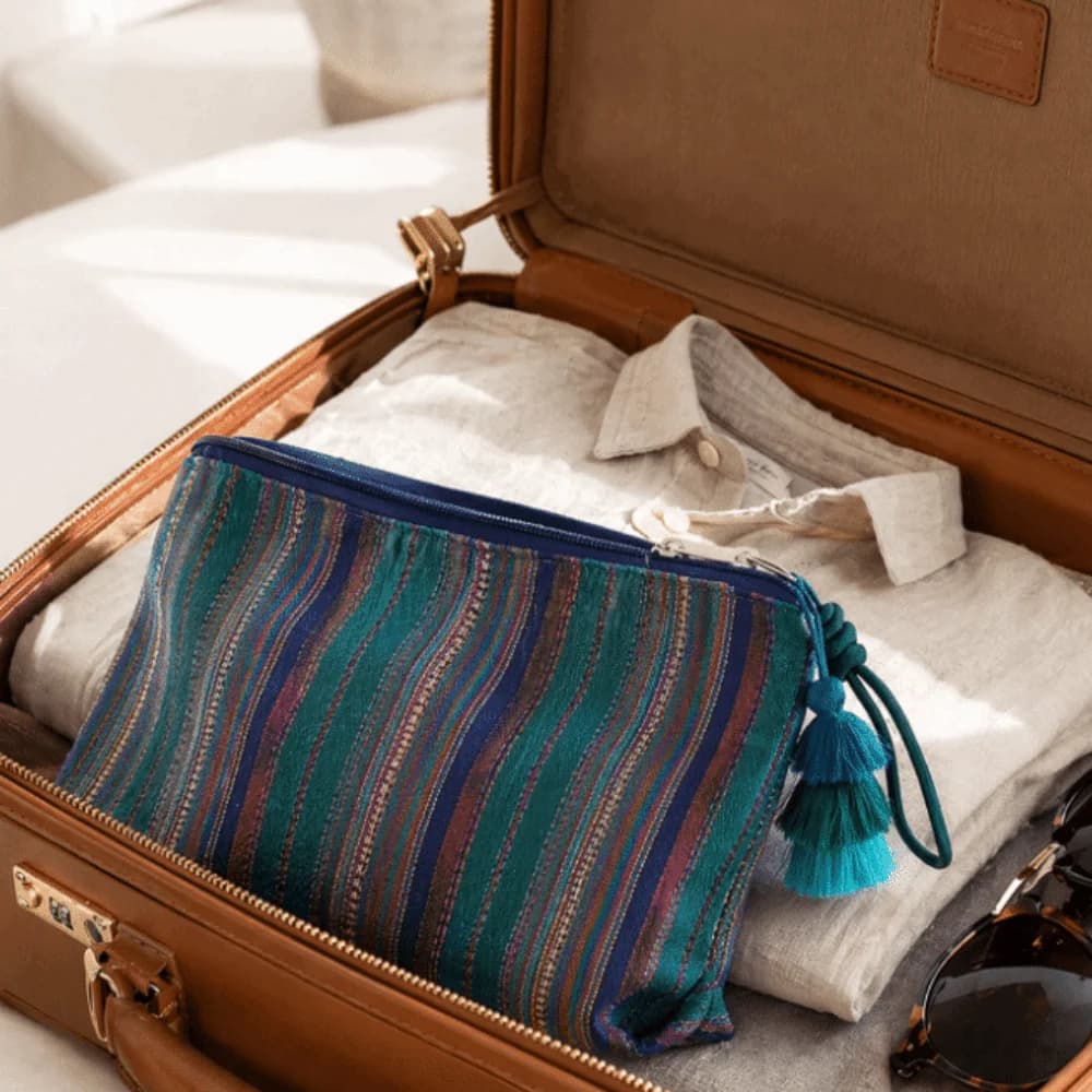 Colorful Ethnic-Style Makeup Pouch Striped With Zipper Travel Storage Bag Large Capacity Fringe Pendant Toiletry Clutch Bag