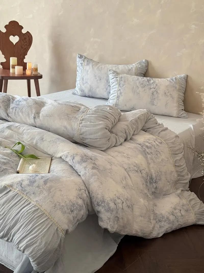Set di Biancheria da Letto in Cotone a Doppio Strato, Quattro Pezzi, Morbido Cotone Puro, Lenzuola e Copripiumini Stile Principessa, Serie Rilassante