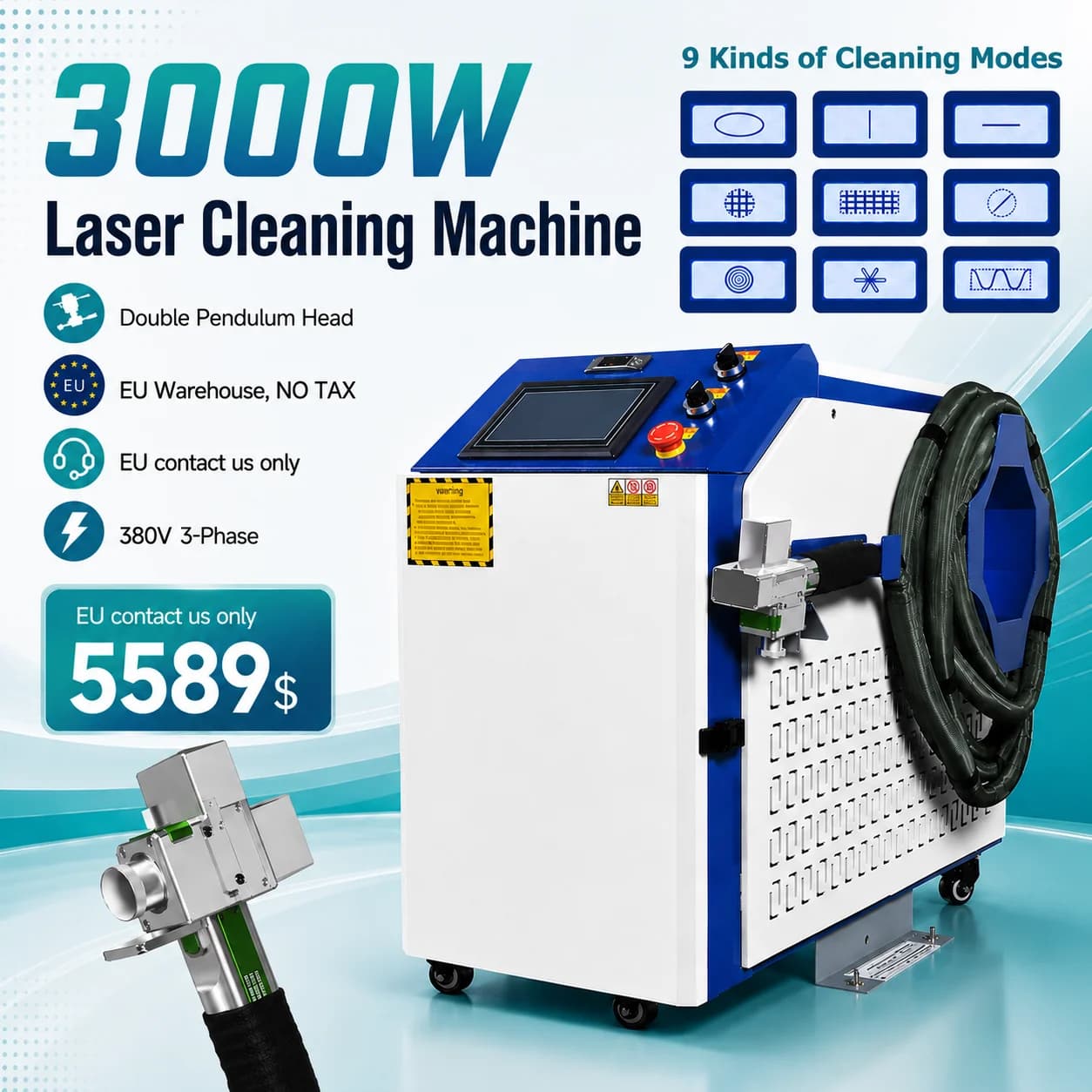 Macchina per Pulizia Laser 3000W 380V 3KW con Testa di Pulizia a Doppio Pendolo per Rimozione Ruggine, Olio e Vernice su Superfici Metalliche e in Pietra, Raffreddamento ad Acqua