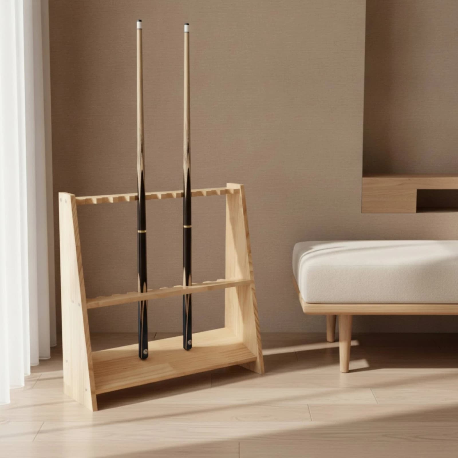 Trapezoid Cue Rack Wooden Pool Cue Holder with 10 Slots Freestanding Pool Stick Holder Sturdy Furniture Long-Lasting