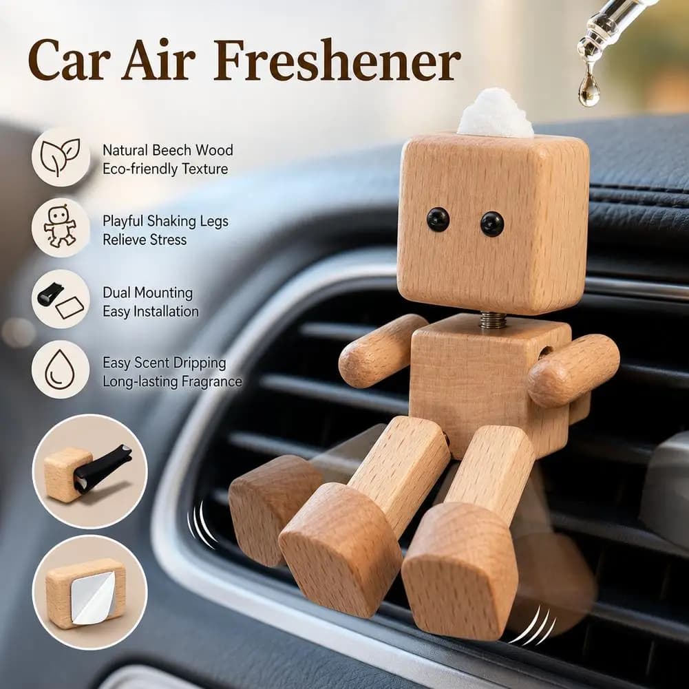 Wooden Robot Car Aromatherapy Ornament,Cute Shaking Leg Figurine Desktop Decor for Car Dashboard,Healing Gift for Friends