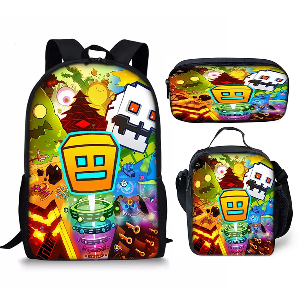Classic Novelty Peculiar Cool Geometry Dash 3D Print 3pcs/Set pupil School Bags Laptop Daypack Backpack Lunch bag Pencil Case