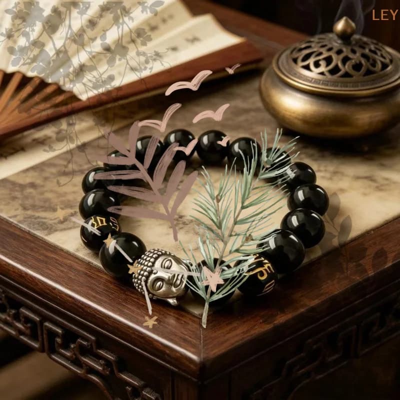 Bracciale con perline di ossidiana nera e ciondolo in argento con mantra dorato per la meditazione e l'uso quotidiano