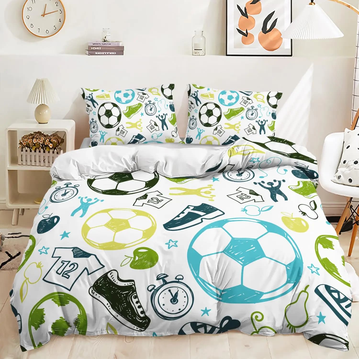Set copripiumino da calcio cartone animato Set di biancheria da letto da calcio stampato per bambini Ragazzi Ragazze Arredamento camera da letto Set copripiumino a tema sportivo