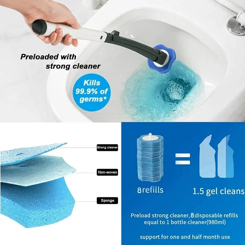Spazzola per WC usa e getta con manico lungo, spazzola per la pulizia senza angoli morti con testina di ricambio, strumento per la pulizia domestica