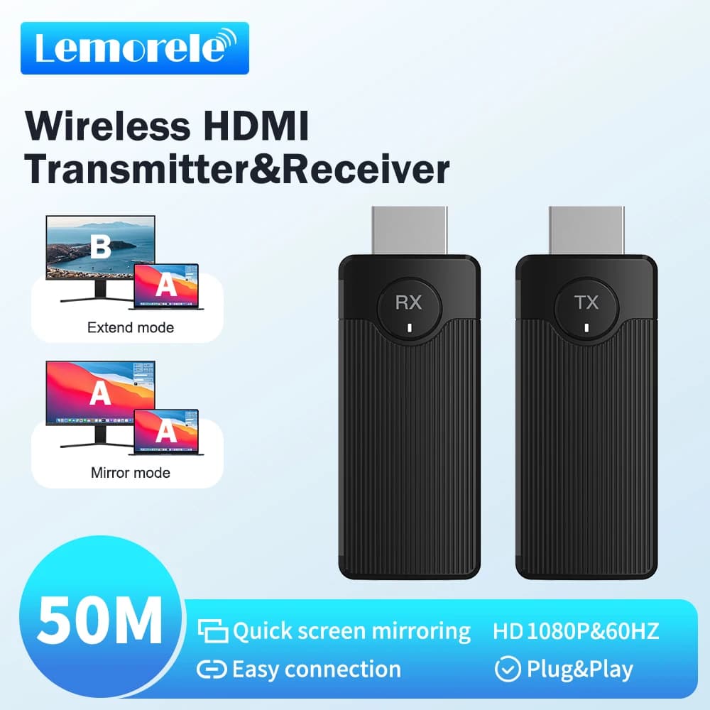 Lemorele Q50 Wireless HDMI Video Transmitter and Receiver Extender Kit Display Adapter Dongle for TV Monitor Projector Switch PC