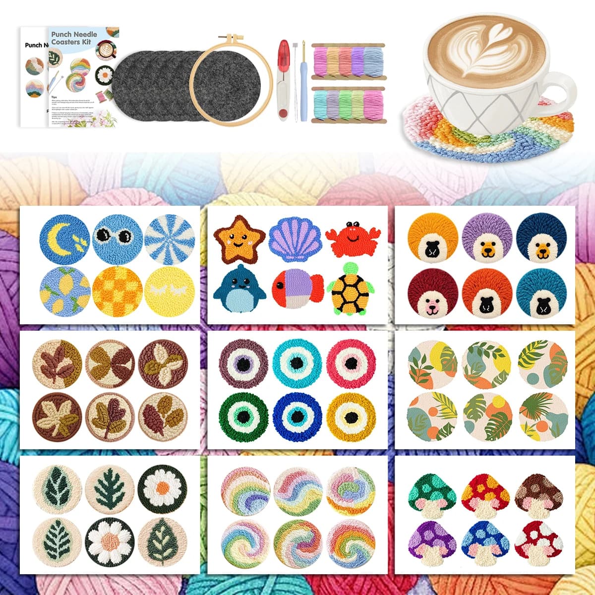 GATYZTORY Punch Needle Coaster Set Cross Stitch Kits Arts Crafts Embroidery Kit For Beginners Needlework Sewing Home Decoration
