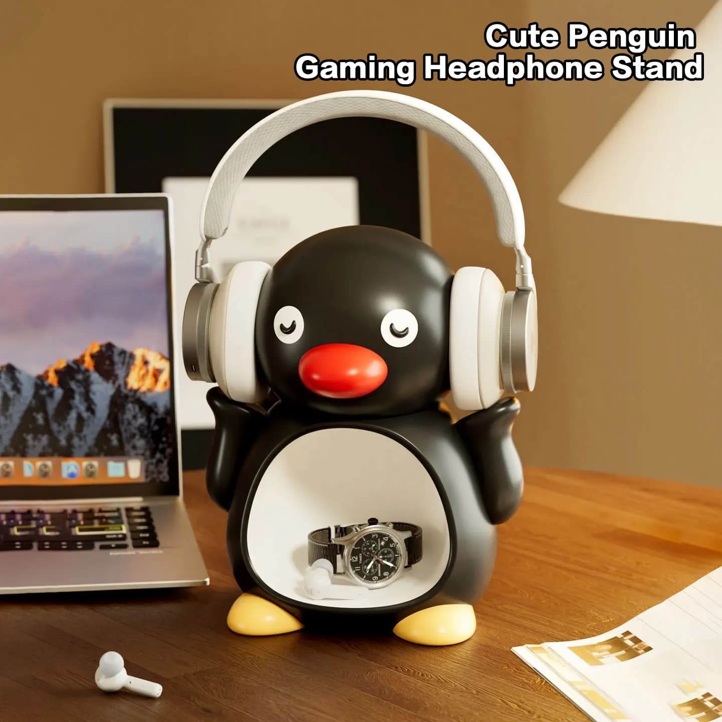 Cute Cartoon Penguin Headphone Stand Resin Desktop Holder Storage Tray Decor Ornament Gaming Desk Accessories Birthday Gift