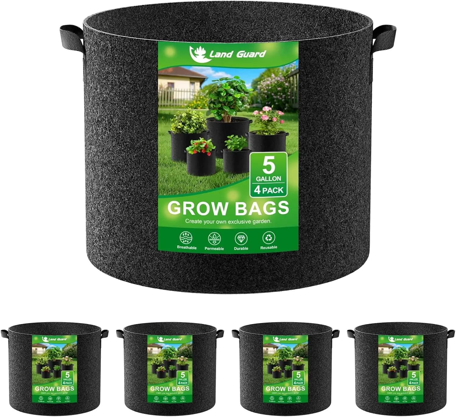 Sacchi per Coltivazione in Tessuto Non Tessuto Rinforzato da 5 Galloni con Manici, Set da 4 Vasi da Giardino Neri per Piantare