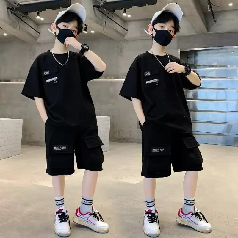2026 summer Teenager Boys Clothes Casual solid thin Kids Tracksuit Children set black t shirt + short pant pocket 5 6 7 12 Year
