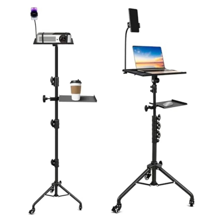 Supporto Treppiede per Proiettore con 2 Ripiani, Supporto da Pavimento per Laptop con Ruote, Supporto per Proiettore Regolabile in Altezza da 28,7 a 65 Pollici con PH