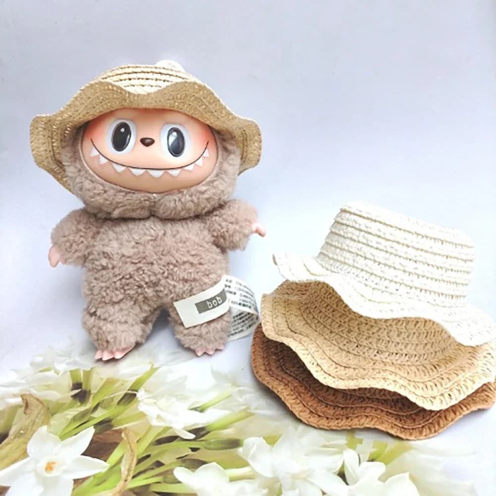 Mini bambola cappello di paglia per casa delle bambole in miniatura 17 cm Labubu bambola colori abbinati cappelli Kawaii bambole carine accessori per bambini ragazze giocattoli