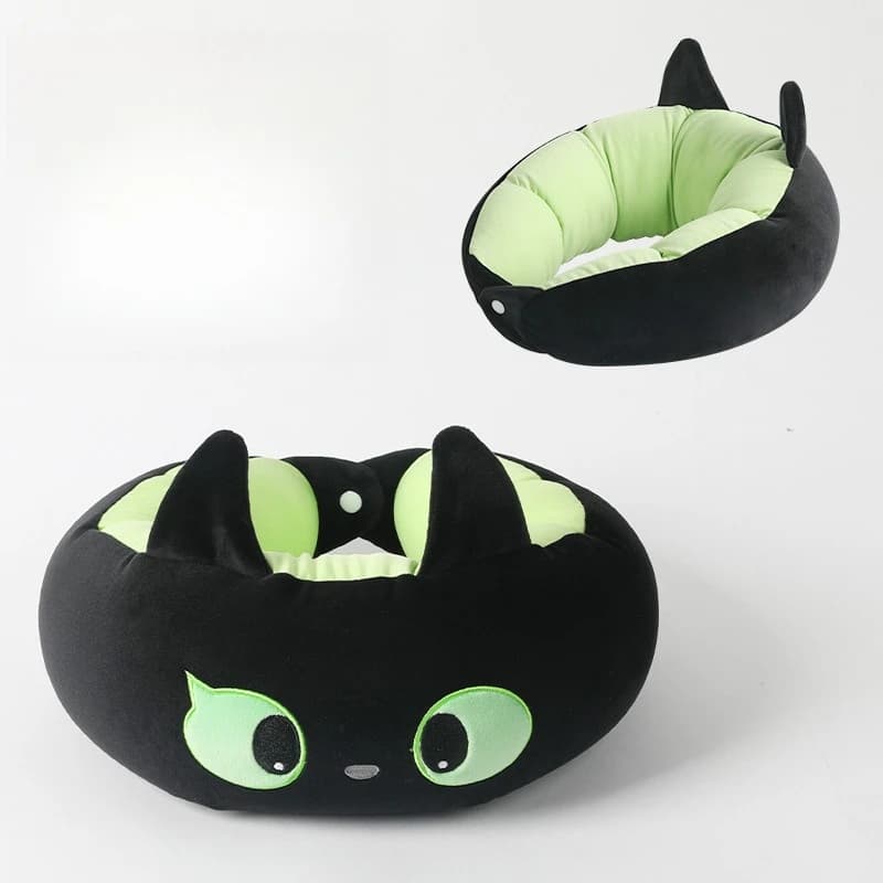 Cuscino da Viaggio a Forma di U con Particelle di Schiuma, Serie Gatto Nero, Cuscino con Cappuccio per Ufficio e Viaggio