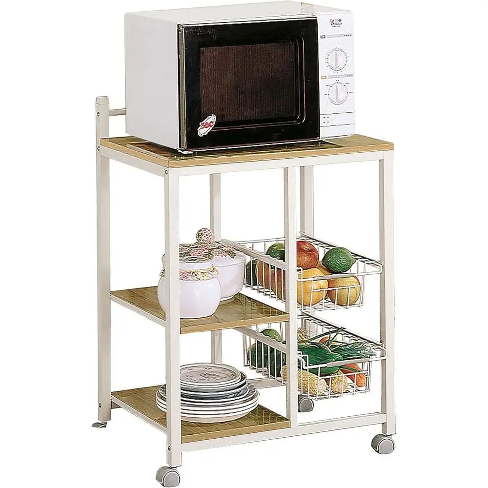 Carrello da Cucina Mobile in Legno e Metallo - Stile Contemporaneo, Piano in Legno Massello, Doppio Spazio di Stoccaggio, Cestelli in Filo Metallico - Sala da Pranzo - Naturale B