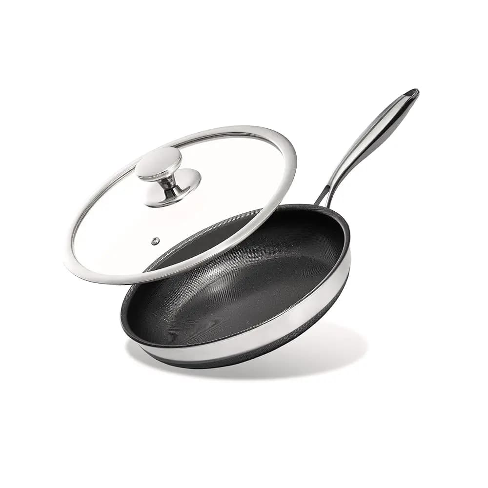 Padelle Antiaderenti con Coperchio, Padella in Ceramica al Titanio da 8 Pollici, Padella in Acciaio Inossidabile Antiaderente, Senza PFAS, PFOA e PTFE, Raffreddamento Rapido
