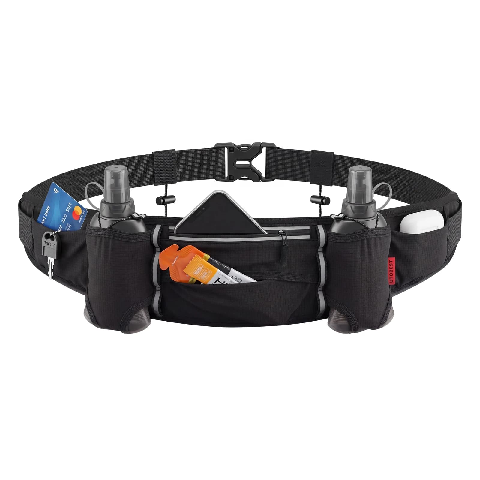 UTOBEST Lightweight Running Hydration Belt 6 Pockets Waist Pack with 2 Soft Flasks Waterproof Marathon Race Sport Phone Bag