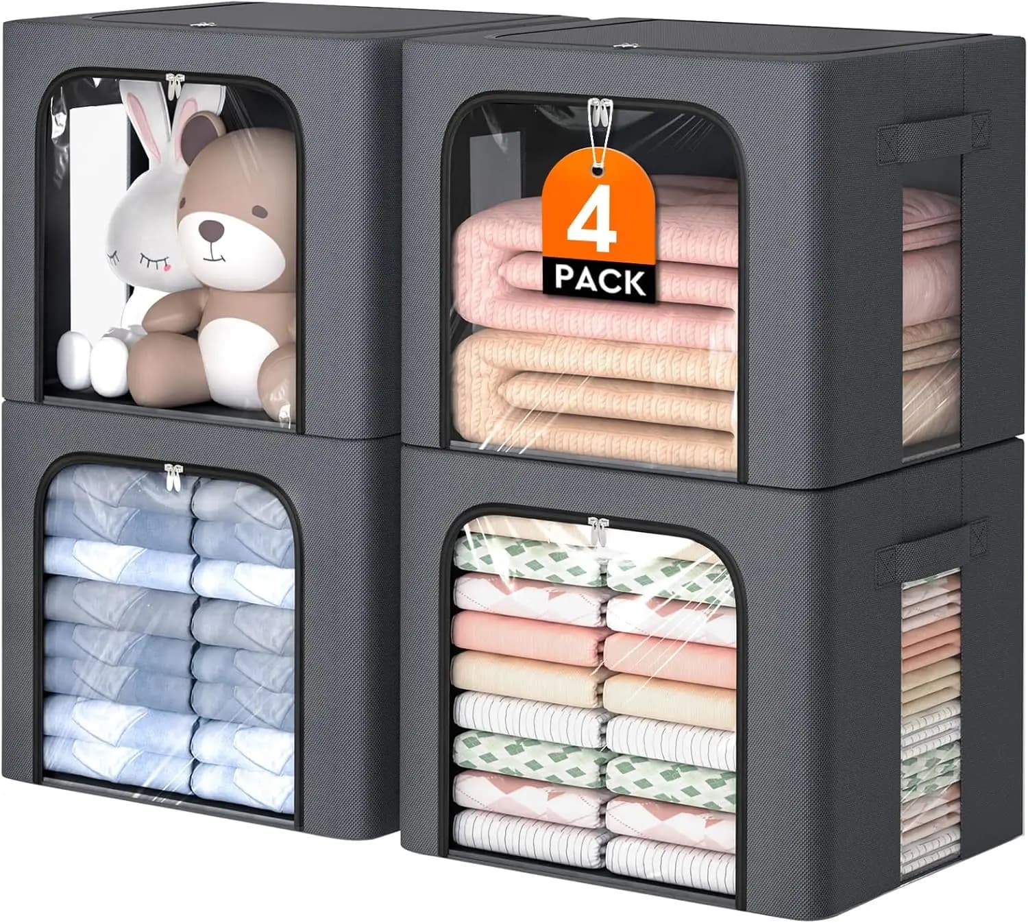Set di 4 Contenitori Pieghevoli con Telaio in Metallo, Scatole Trasparenti da 40L, Cerniere Superiori e Frontali per Organizzazione Armadio e Camera da Letto