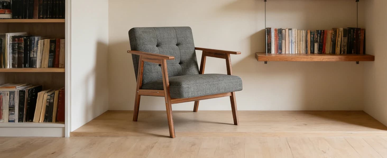 Modern Mid-Century Style Armchair with Walnut Finish, Pillow Thick and Comfortable, for Living Room, Bedroom, Office, Dark Grey