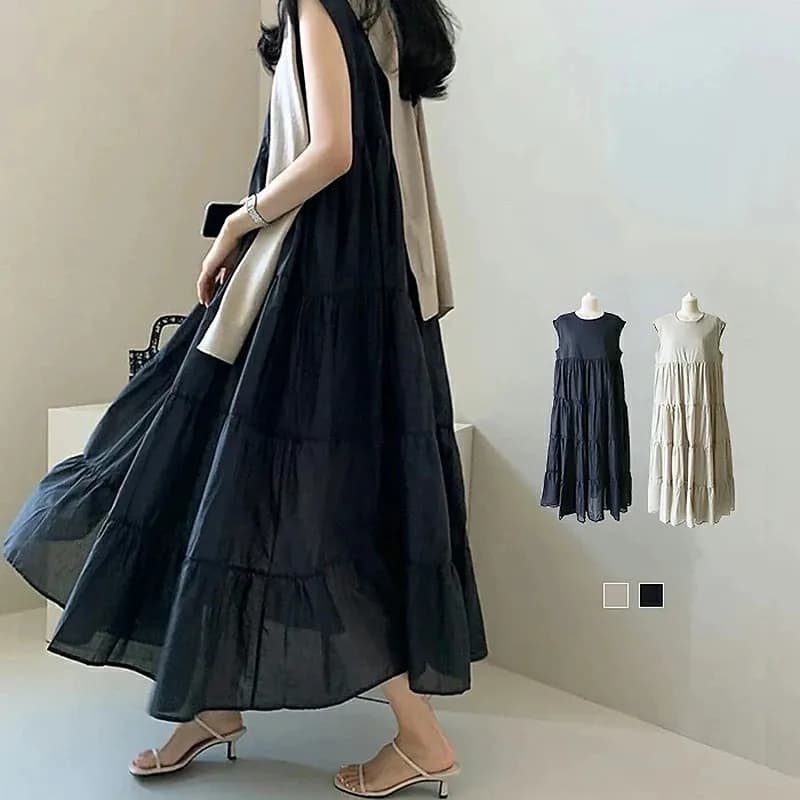 Korean Style Oversized Sleeveless Long Dress Women's Summer Loose Anti-aging Belly Concealing Doll Dress Chiffon Splicing