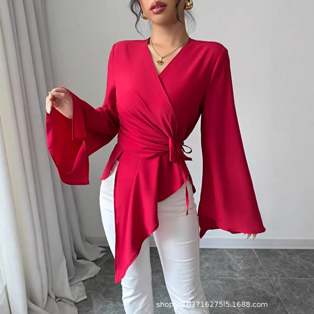 Women's Solid Color V Neck Wrap Waist Tie Flare Long Sleeve Irregular Hem Slim Fit Blouse Soft Comfort Elegant Daily Commute Top
