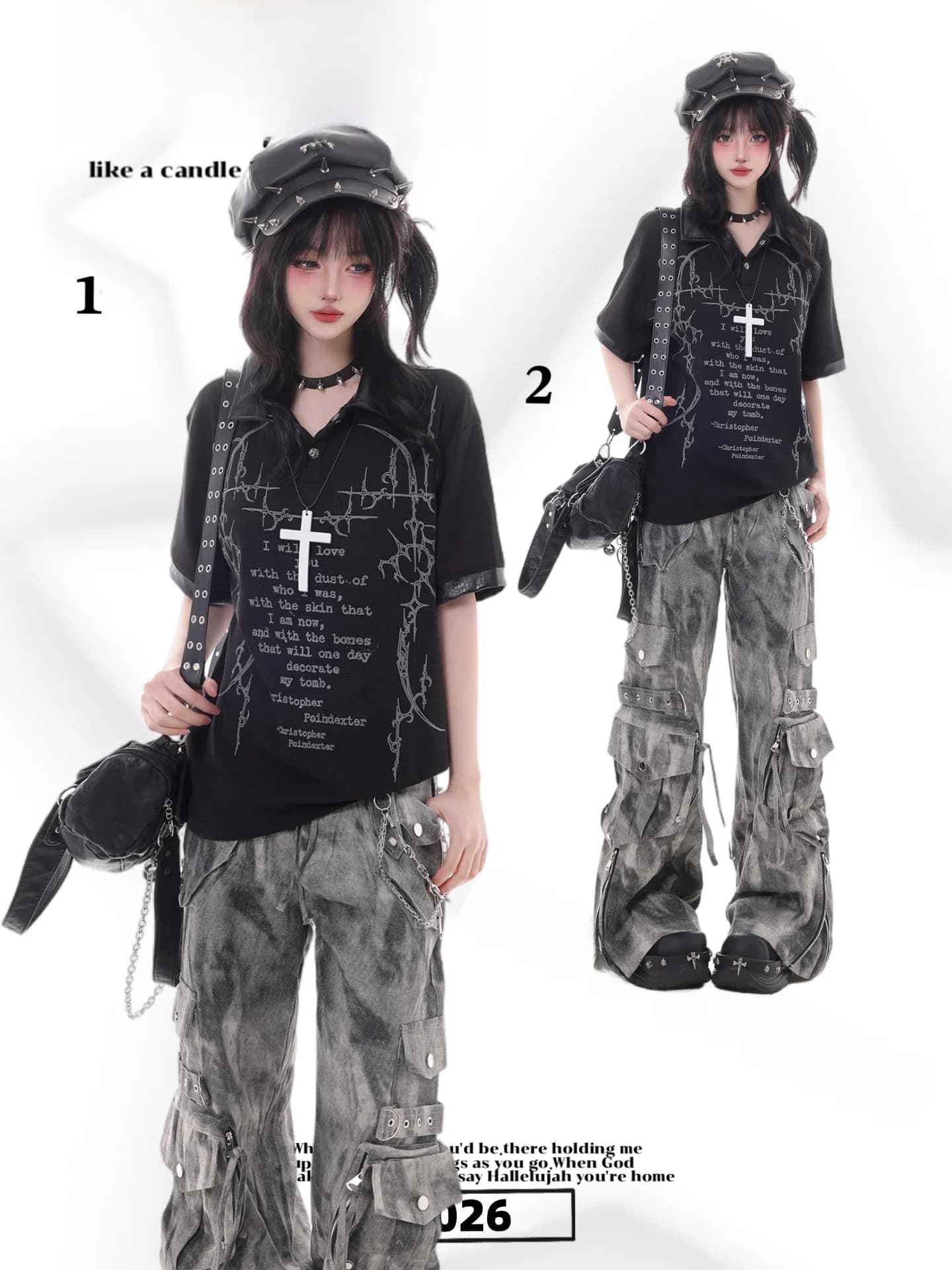 T-shirt a maniche corte stile punk con stampa di lettere e design sul collo, a tema musica rock, unisex, in misto cotone e poliestere, top estivo nero