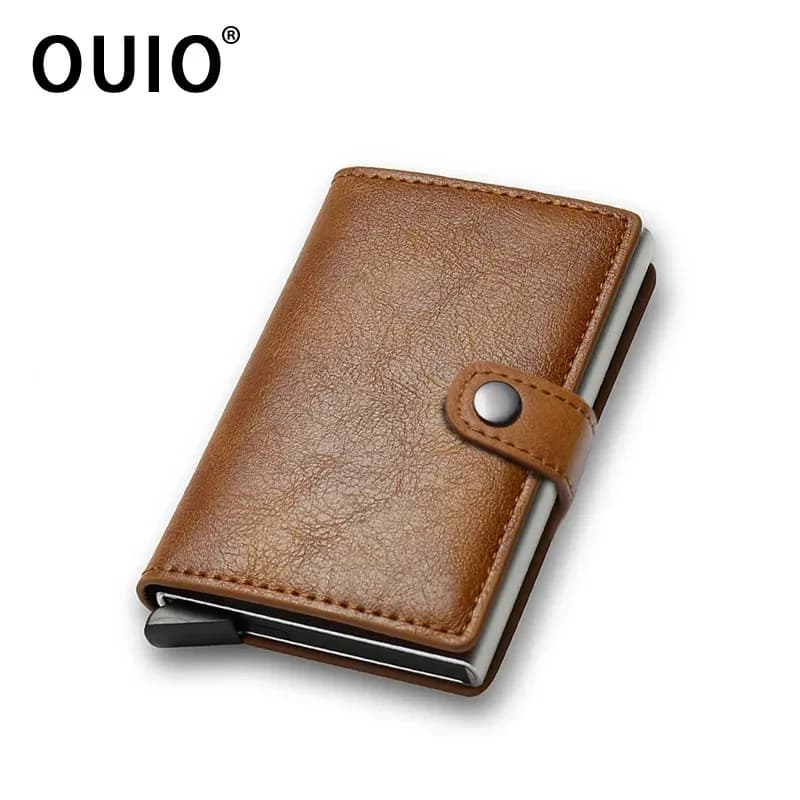 OUIO Anti Rfid Bank Card Holder Wallets For Men Male Brown Leather Credit Cardholder Case Luxury Small Slim Thin Smart Wallet