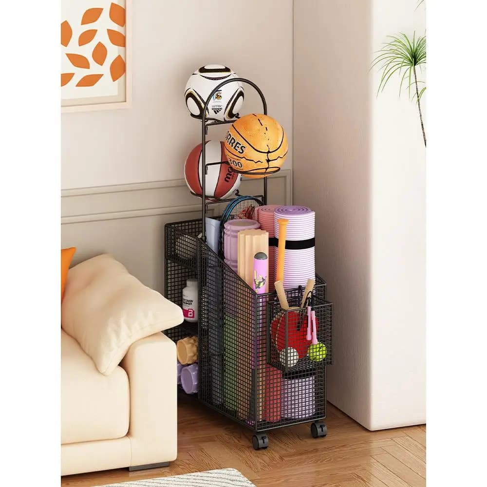 Fitness Equipment Rastrellier, Organizing Basket for Sports Equipment with Wheels, Yoga Mats and Badminton Rackets for Home