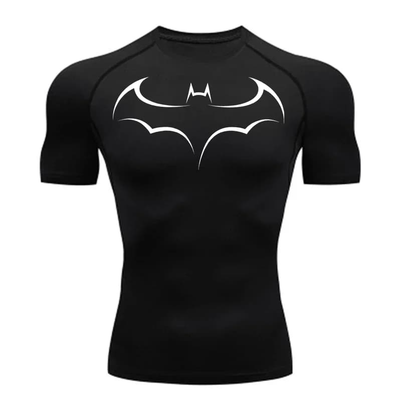 T-shirt a compressione da uomo con stampa pipistrello, a maniche corte, per corsa, palestra, fitness, jogging, casual