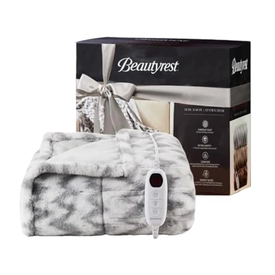 Coperta Elettrica Lunga in Finta Pelliccia Spazzolata con Motivo a Chevron, Spegnimento Automatico, Praticamente Zero EMF, Impostazioni di Calore Multiple, Certificata UL, Lavabile in Lavatrice