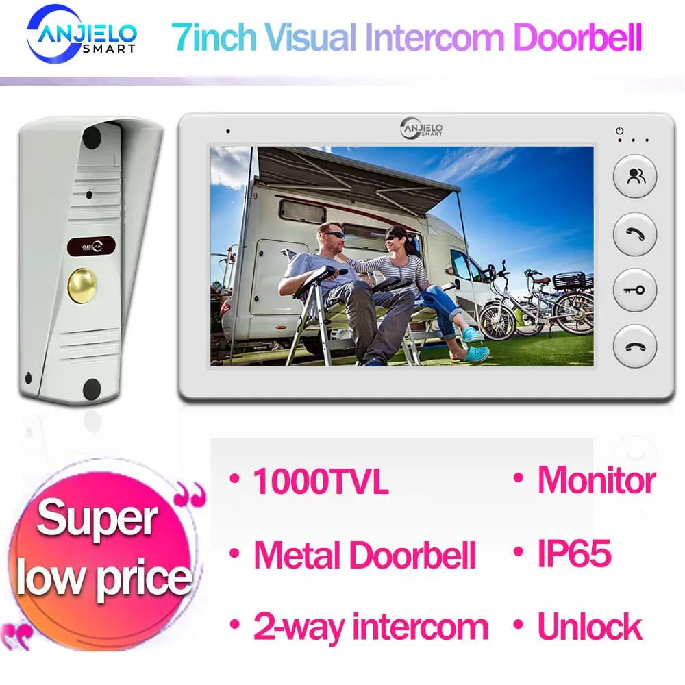 ANJIELO 4 Videocitofono cablato da 7 pollici con campanello per videocitofono domestico IP65 Campanello in metallo esterno 1000TVL