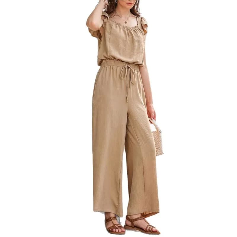 Square Collar Sleeveless Vest Pullover Lace Top Drawstring Wide Leg Trousers Two-piece Set Womens Commuter Versatile Sports Suit