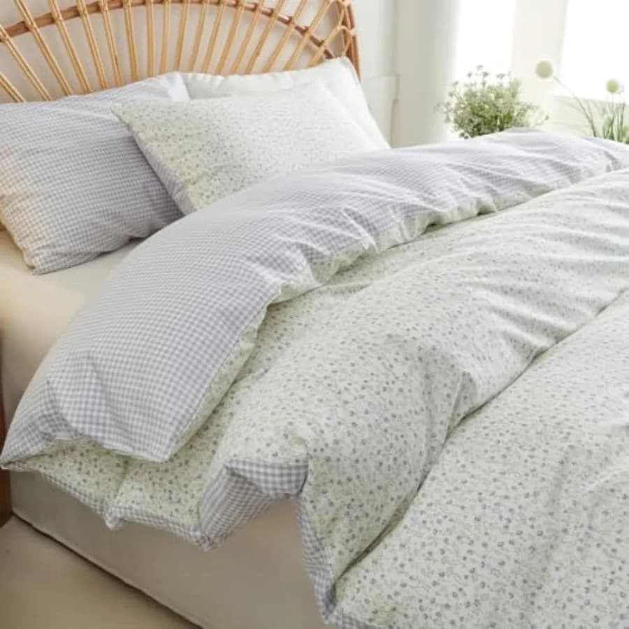 Set Copripiumino Matrimoniale 3 Pezzi 100% Cotone, Motivo Floreale e Quadretto Stile Rustico, Morbido e Traspirante, con 2 Federe