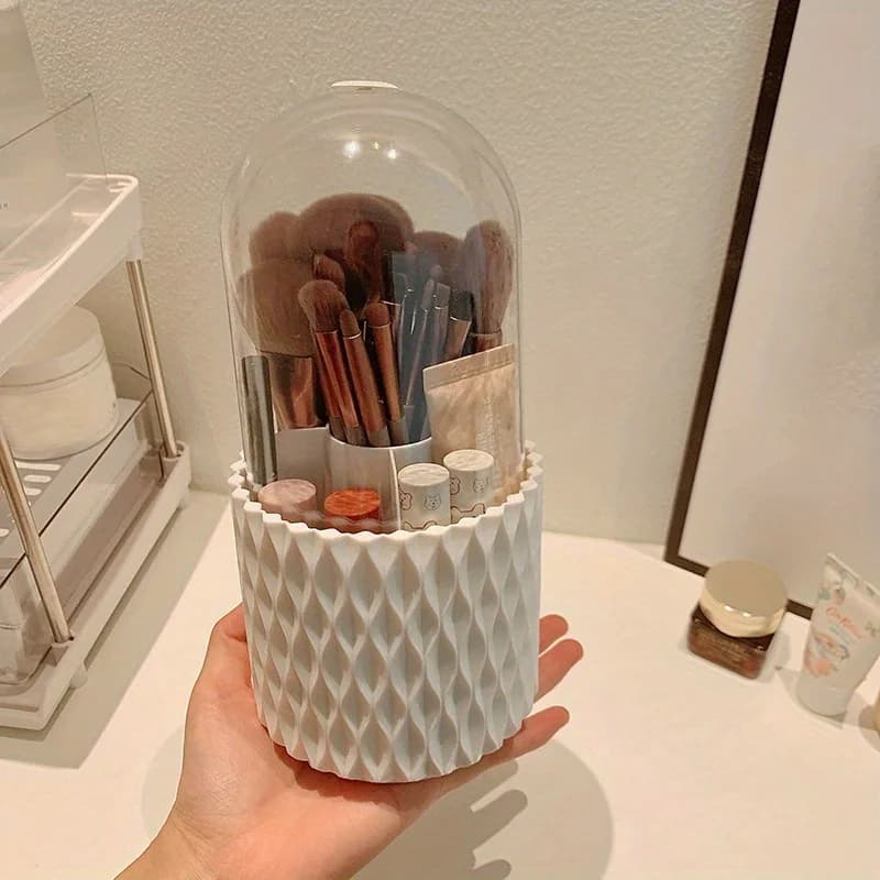 Porta Pennelli da Trucco Girevole a 360° [Antipolvere e Impermeabile] con Coperchio per Organizzare e Conservare i Pennelli Cosmetici sul Comodino