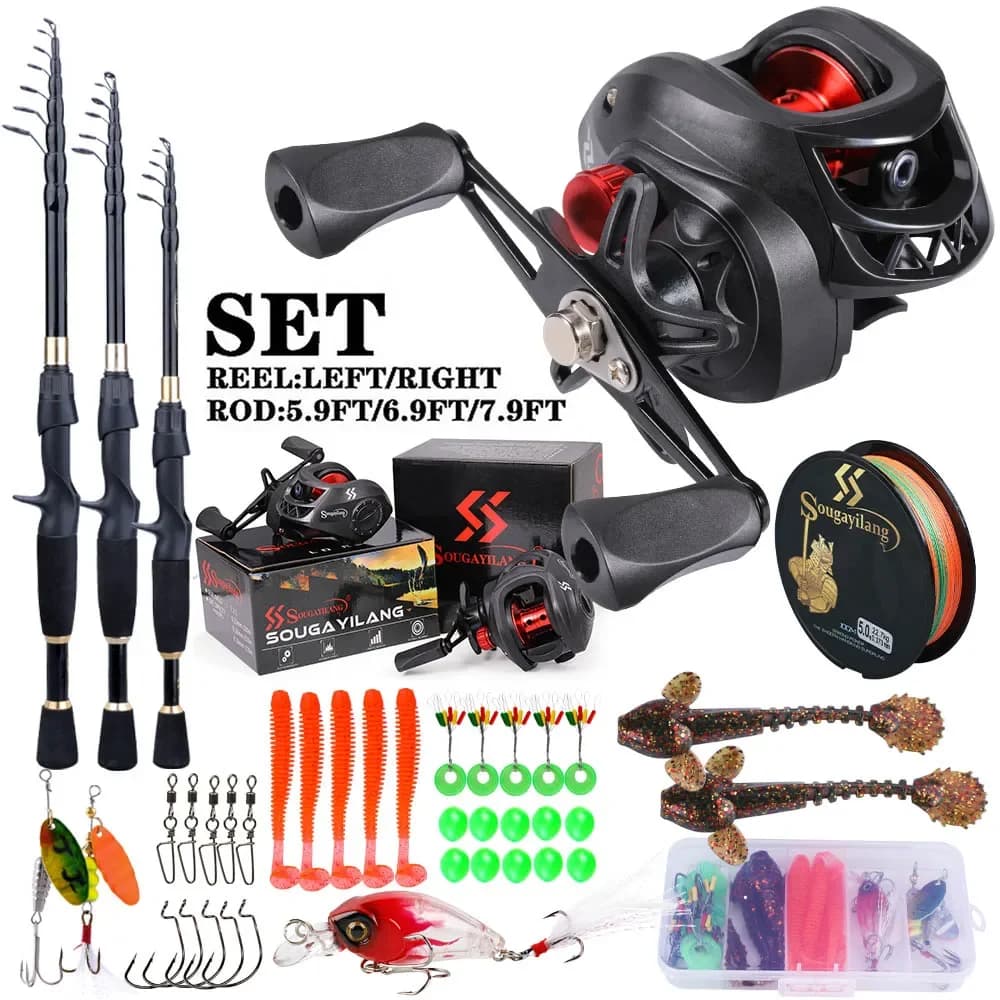 Canna da pesca e mulinello Sougayilang Kit completo Canna da pesca ultraleggera da lancio telescopica da 1,8-2,4 m e rapporto di trasmissione 7.2:1 per acqua dolce