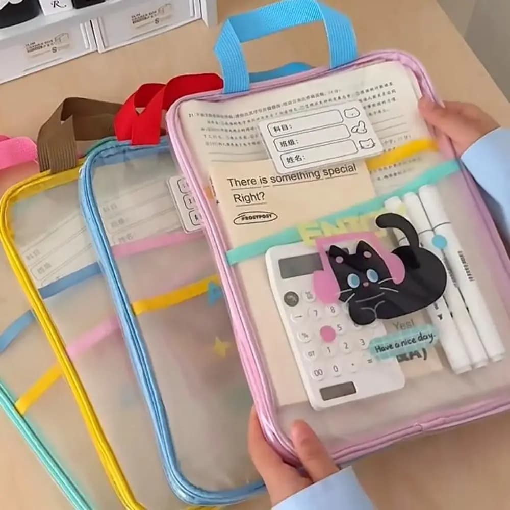 Borsa Portadocumenti Multifunzionale a Forma di Cartone Animato, Trasparente, con Orso e Gatto, per Conservare Fogli e Test