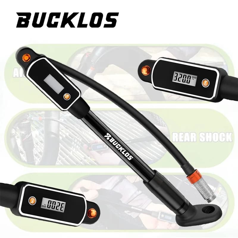 Pompa per Bicicletta BUCKLOS Portatile 320PSI, Gonfiatore Manuale ad Alta Pressione con Display Digitale, Valvola AV/FV, Accessorio per Bici