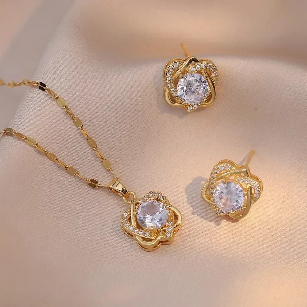 Charm Stainless Steel Luxury Brand Crystal Heart Stud Earrings for Women Temperament Gold Color Zircon Necklace Jewelry Set Gift