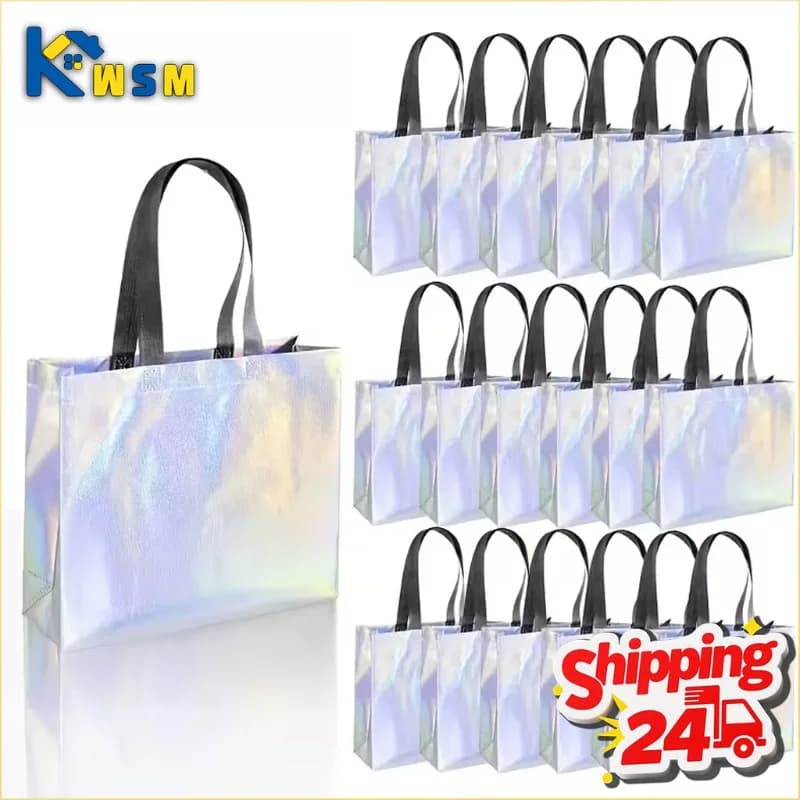 10/20PCS Sacchetti di tela olografici laser riutilizzabili Sacchetti regalo in tessuto non tessuto per la festa nuziale Natale Shopping Evento Bomboniera Bag Decor