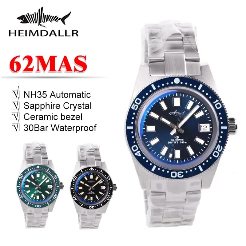 HEIMDALLR 62MAS Orologio omaggio 41mm NH35 Automatico Doppia cupola Vetro zaffiro 30Bar Impermeabile C3 Super luminoso Orologio subacqueo da uomo