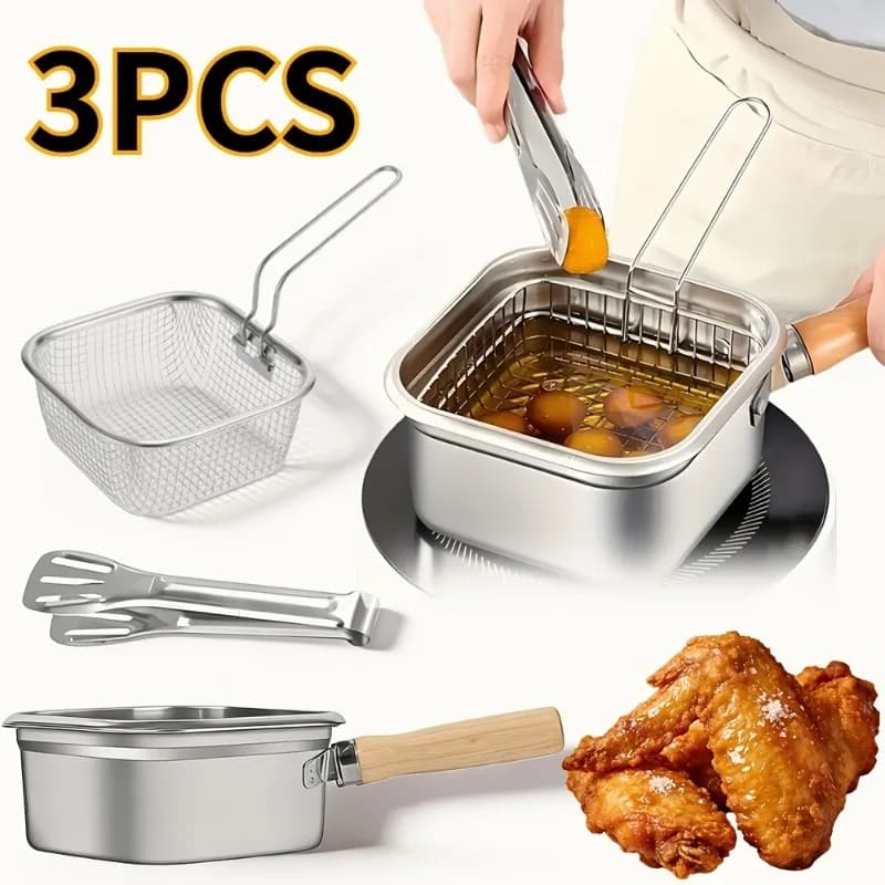 Stainless steel square deep frying pan with tongs, multi-functional tempura frying pan, heavy-duty non-stick pan.
