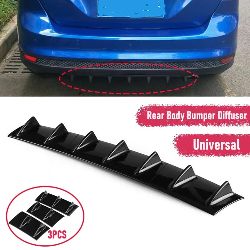 Nuovo diffusore spoiler paraurti posteriore universale da 3 pezzi nero lucido 7 ali stile pinna di squalo labbro inferiore del corpo