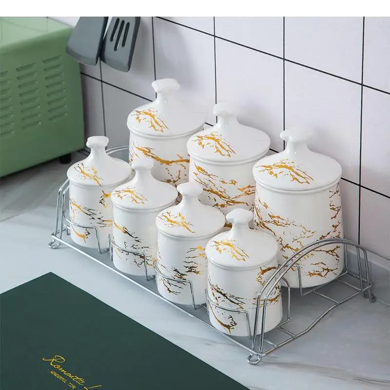 Set di 7 Contenitori in Ceramica con Supporto in Metallo, Barattoli Ermetici per Cucina, Contenitori per Caramelle e Frutta Secca