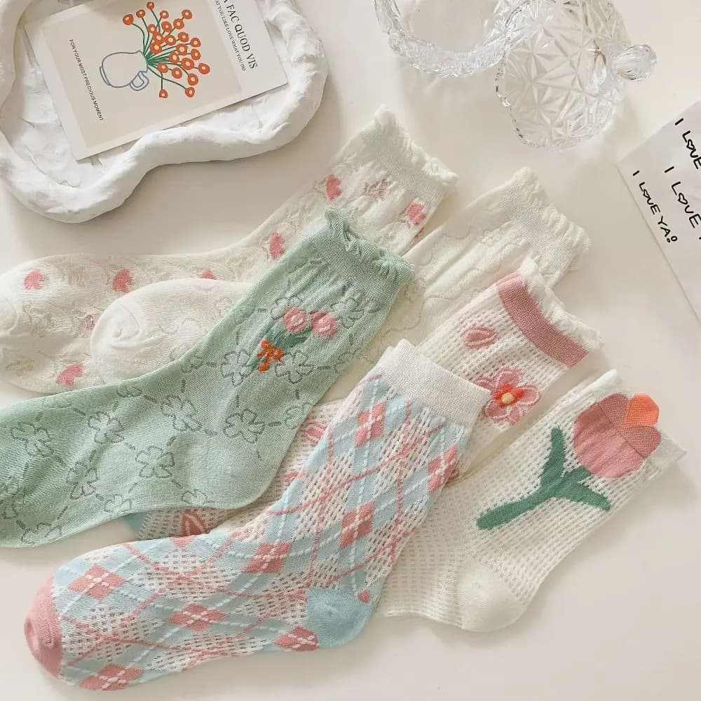 6 Pairs Flower Pattern Mesh Breathable Socks Hollow Mesh Cotton Anti-slip Summer Floral Socks Sweet Style Casual Women's Socks