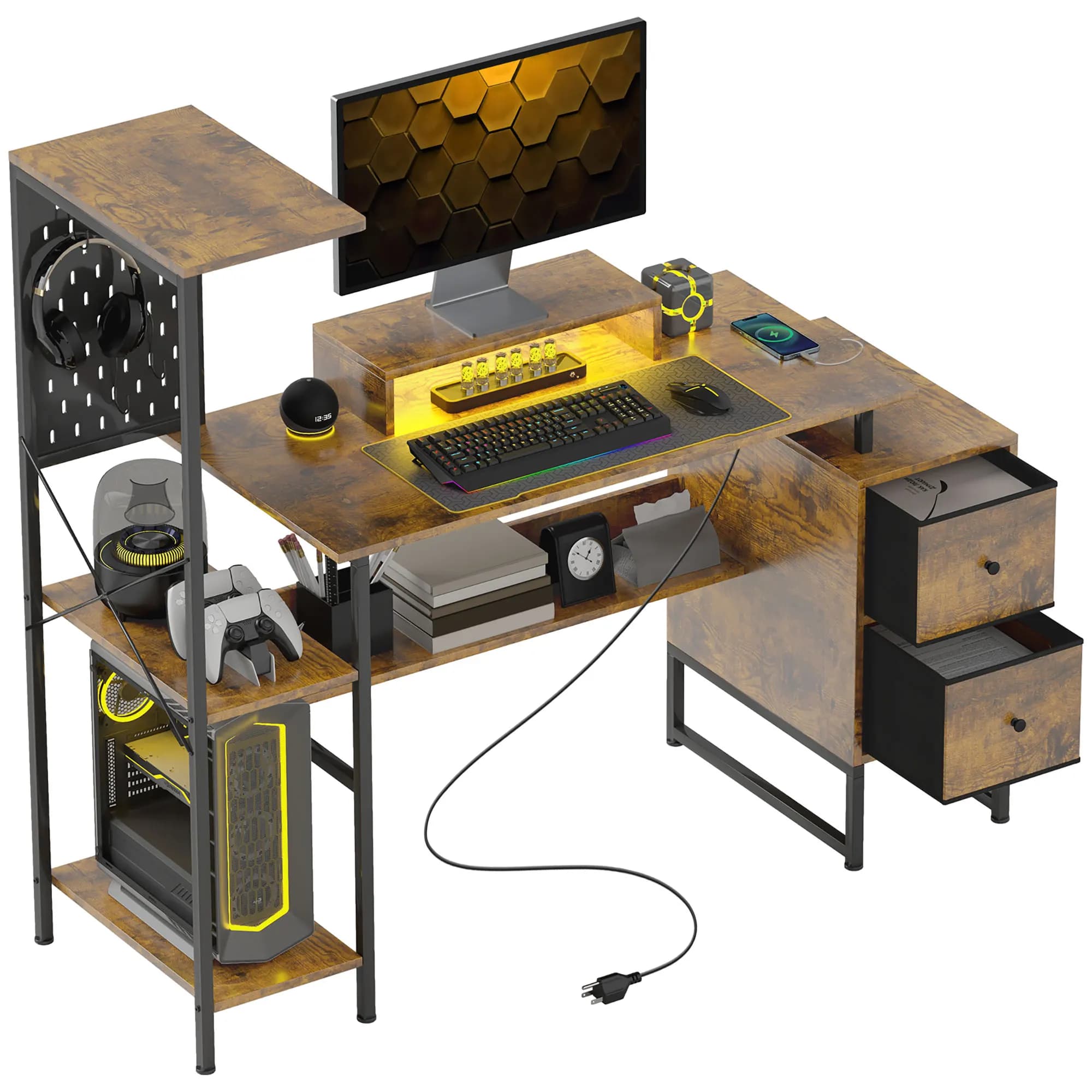 Homcom 56" Gaming Desk with Monitor Stand, Power Outlets and Led Lights, Computer Desk with Storage Shelves, Fabric Drawers, 2 Cpu Stands, Pegboard for Home Office, Rustic Brown
