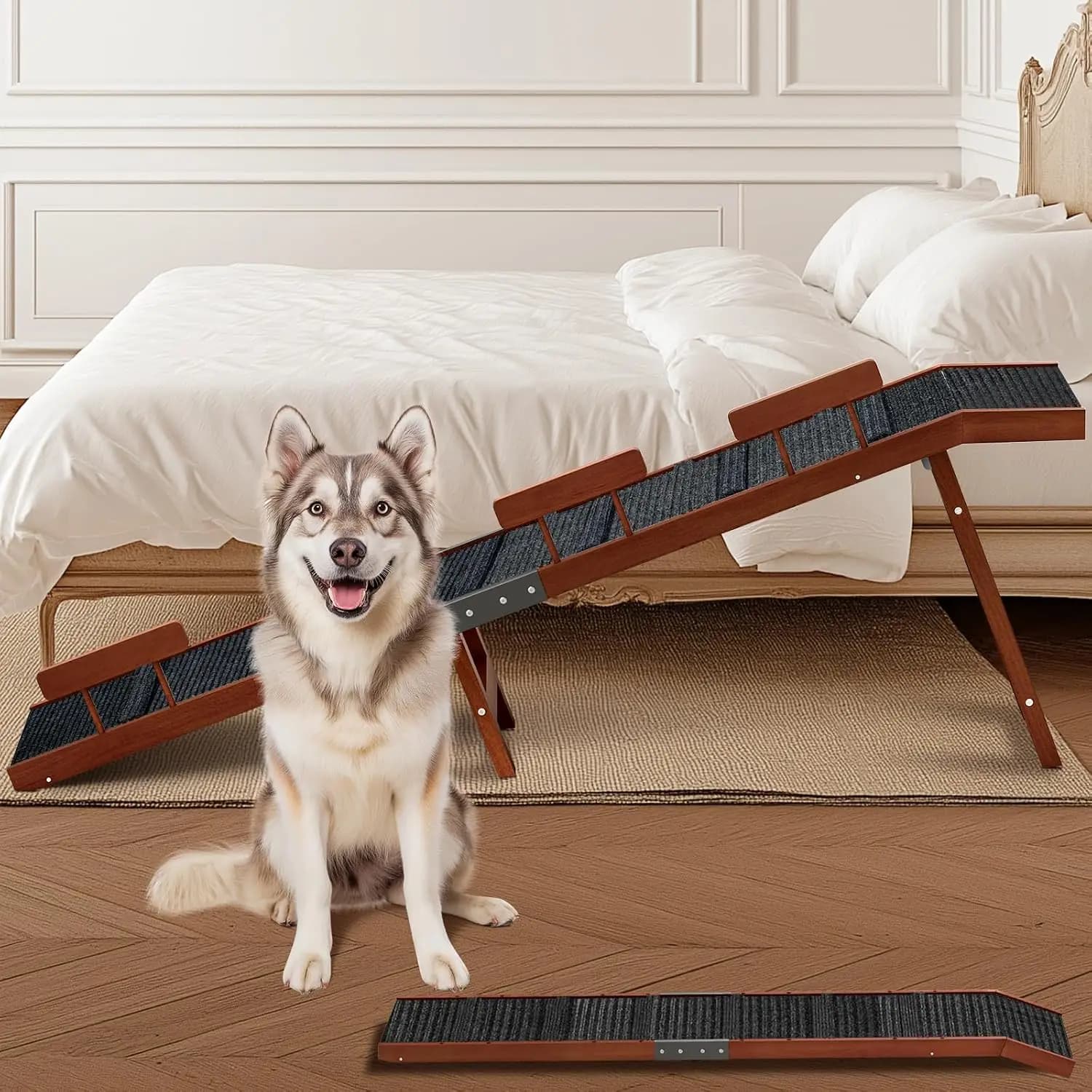 Foldable Dog Ramp for Bed, 74" Wood Pet Ramp with Side Rails and High Traction Carpet, 22° Gentle Long Slope, Top Landing Platfo