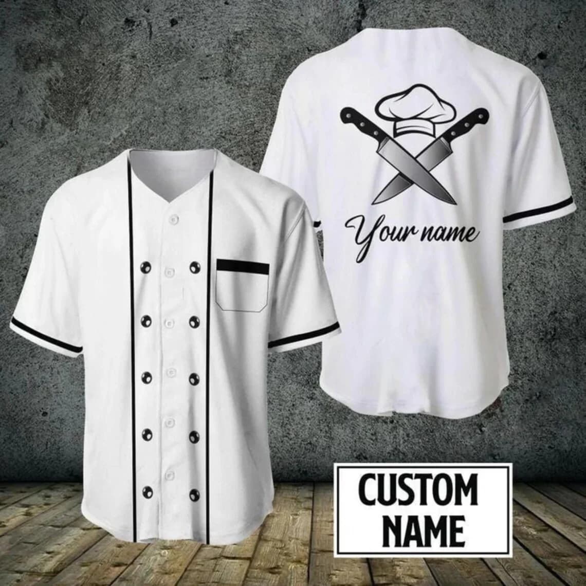 Chef Baseball Jersey Custom Name Button Up Shirt, Knife Pattern Cook Top, Chef Hat Graphic, Restaurant Kitchen Gift for Chefs