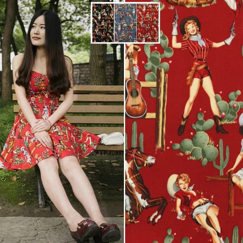 Western Girl Printed Polyester Red Fabric Parent-child Clothing Shirt Children Fabrics Cloth Per Meter for Dress Home Textile