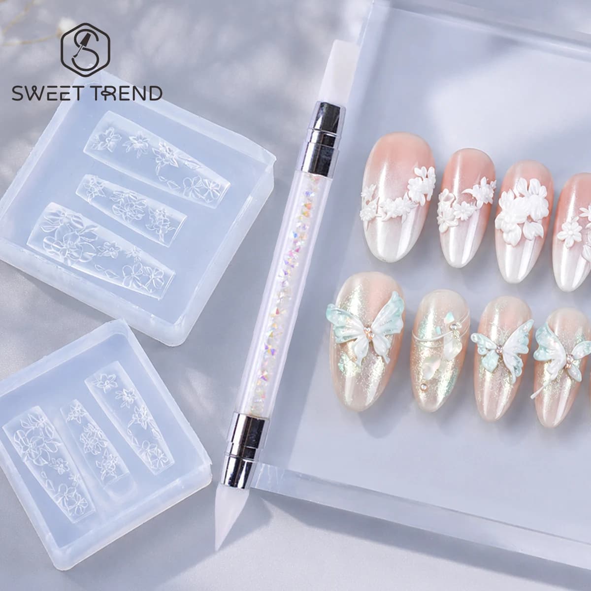 Ice Flowers Butterfly Nail Silicone Mold With Carving Pen Set Jasmine Floral Camellia Fairy Wings Shape Template Manicure Tools